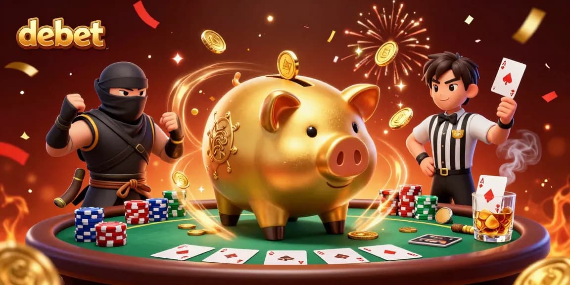 Join the gaming frenzy at debet with a dynamic scene featuring colorful poker elements and exciting characters.