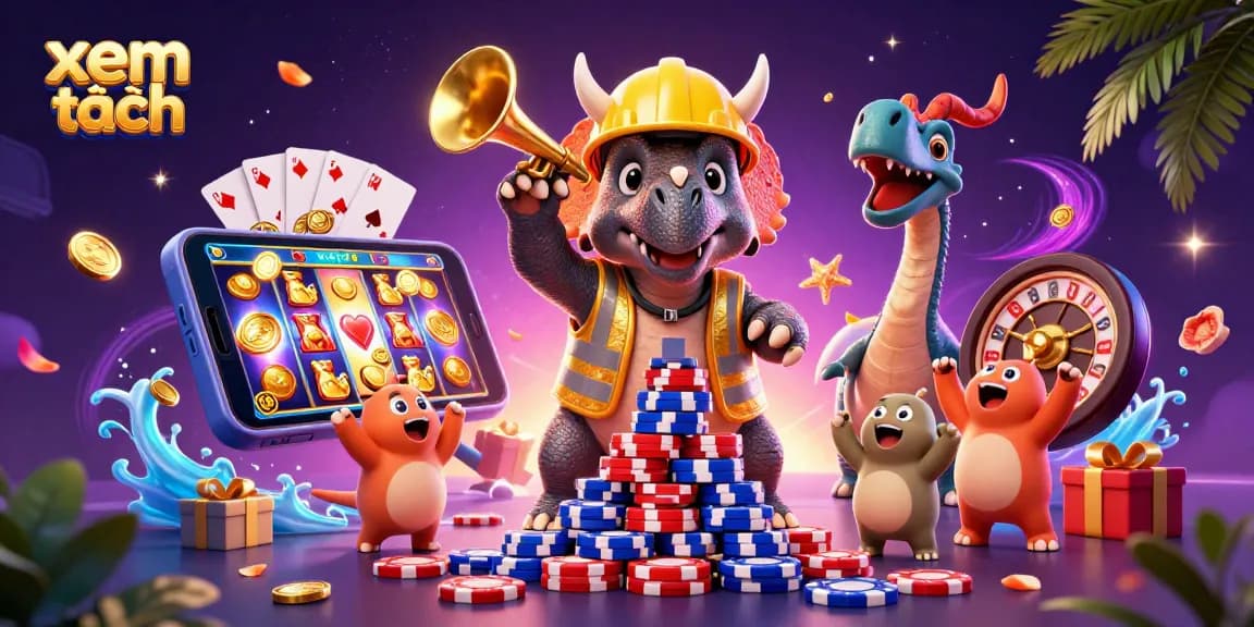 Experience excitement with xem thêm while the triceratops builds a pyramid of poker chips in a vibrant casino scene.