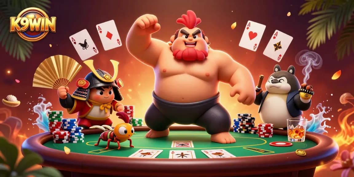 K9WIN players engage in a thrilling poker showdown with colorful chips and vibrant characters in a dynamic scene.