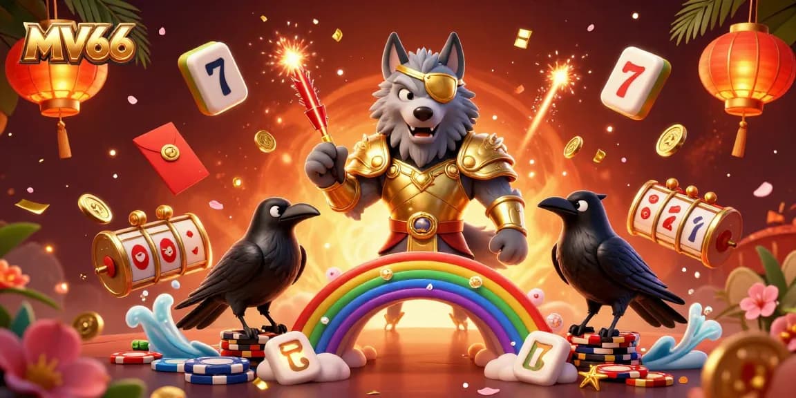 Engage with MV66 through a dynamic casino scene featuring Odin, riches, and festive decorations.