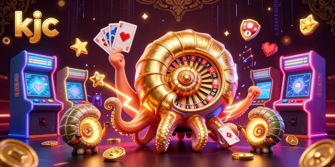 KJC showcases a dynamic 3D casino scene featuring a giant nautilus roulette wheel surrounded by glowing game elements.