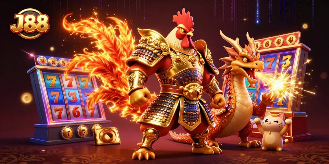 Experience thrilling moments at J88, featuring a rooster warrior and a dragon hatchling amidst vibrant slot elements.