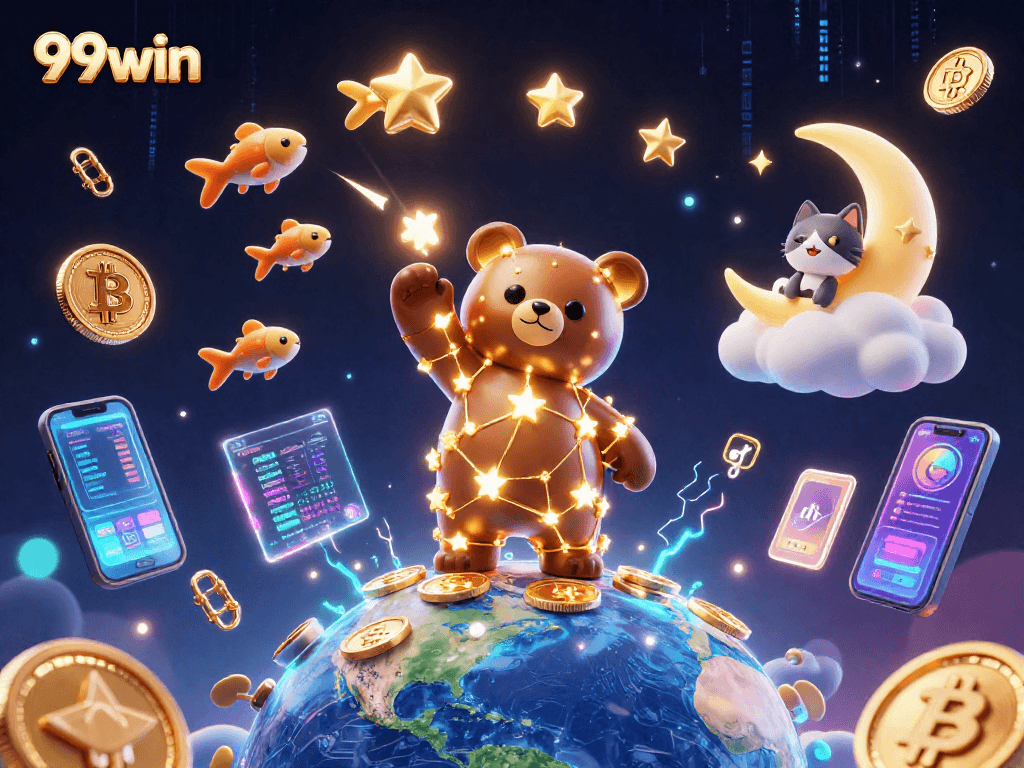 Experience the excitement of 99win with a cosmic casino adventure featuring shining stars and crypto elements.
