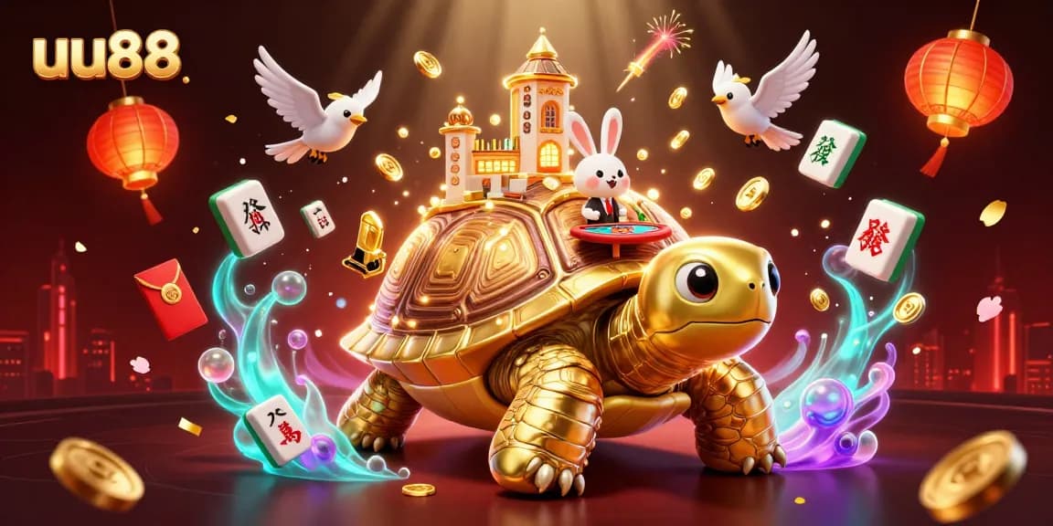 Engage with uu88's vibrant casino world featuring a golden tortoise and a rabbit dealer.