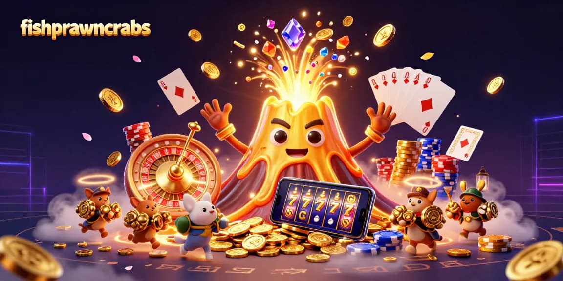 Engage with fishprawncrabs as the golden volcano erupts coins and gems amidst an action-packed casino scene.