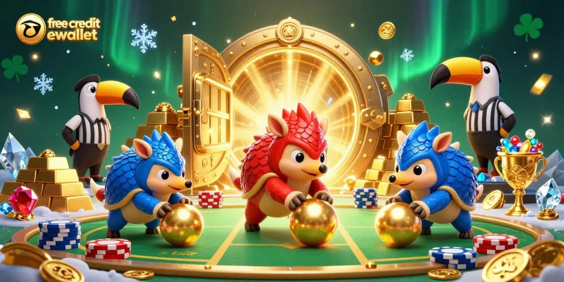 Engage with free credit ewallet at this vibrant 3D casino scene featuring rival pangolins and sparkling treasures.