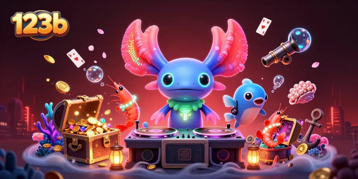 Spin vibrant 123b underwater themed slots with a 3D axolotl DJ and lively creatures.