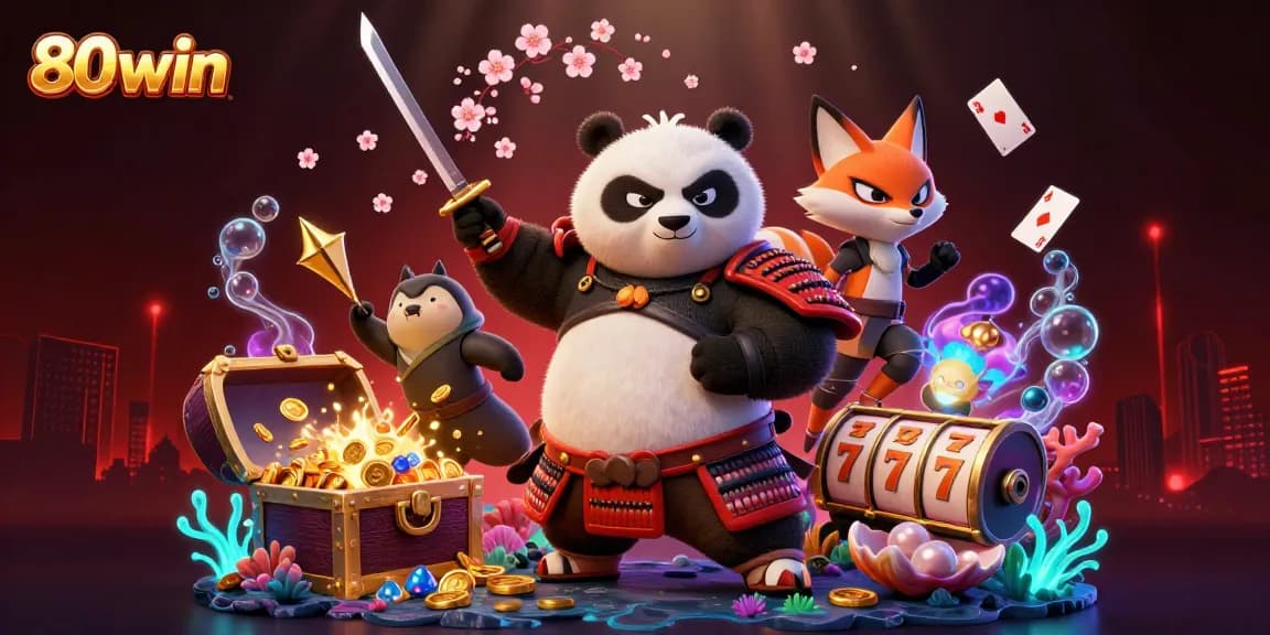 Engage with 80win's vibrant casino scene featuring a samurai panda, ninja fox, and magical tanuki amidst exciting game elements.