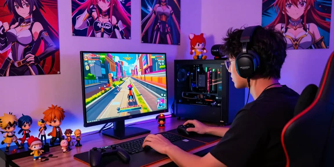 Player immersed in a vibrant real ecchi game, showcasing colorful graphics and anime-themed decor.
