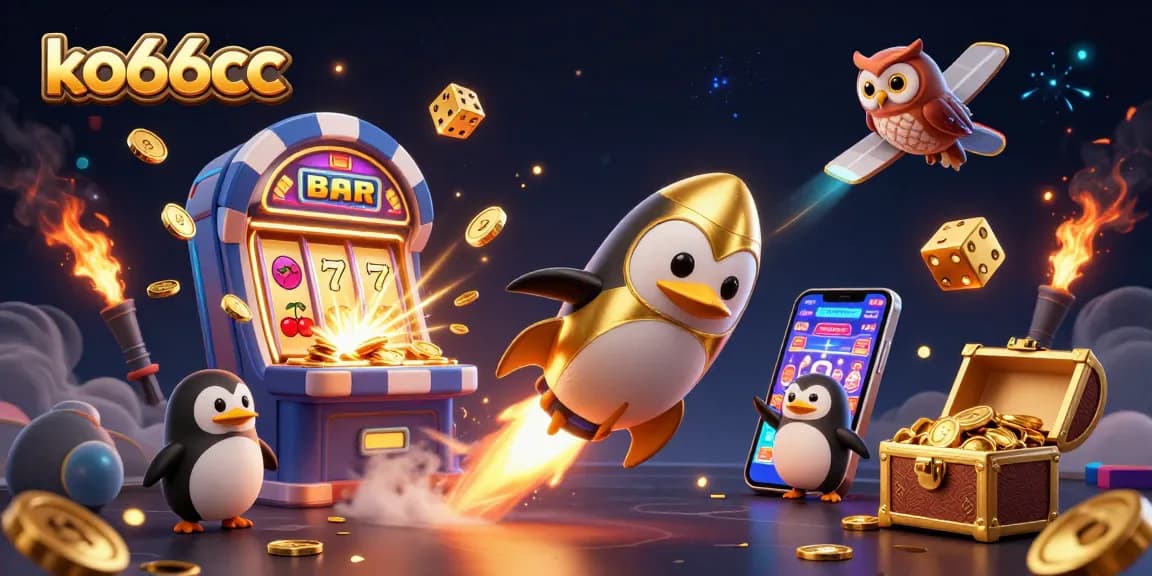 Join the excitement at ko66cc with a 3D penguin launching towards a casino adventure filled with gold.