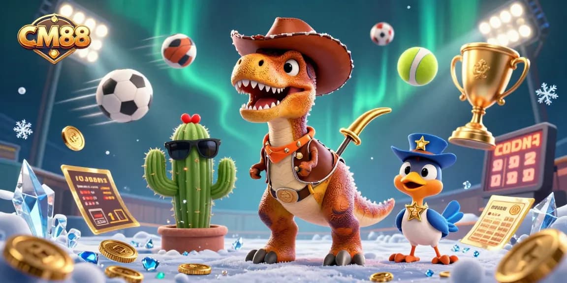 Immerse in CM88's thrilling casino action with a dynamic dinosaur T-Rex and friends amidst vibrant gaming elements.