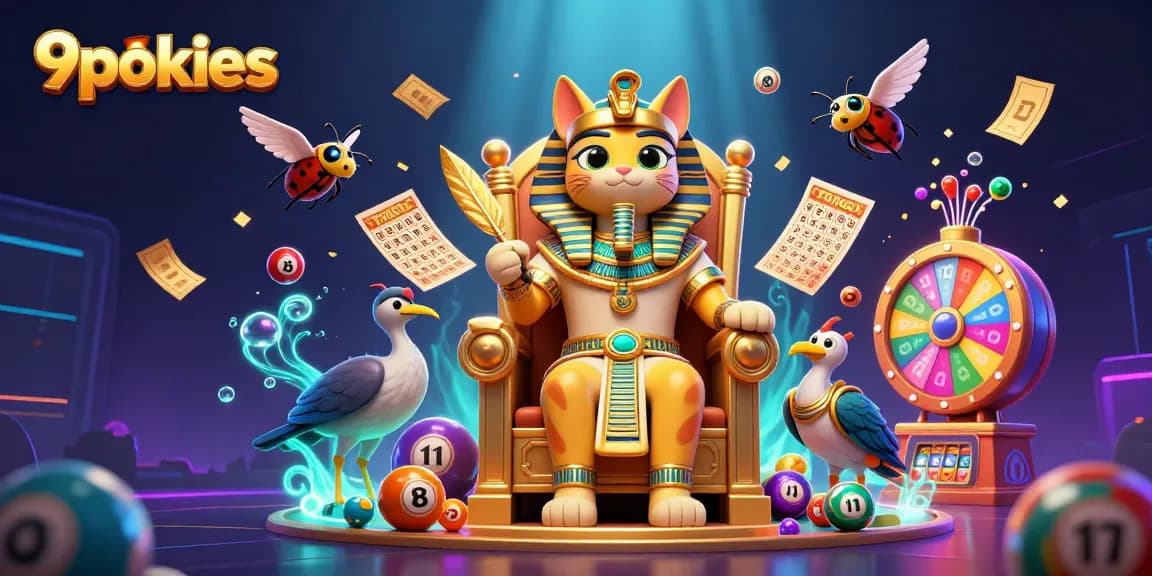 Engage in 9pokies action with a vibrant, packed casino scene featuring dynamic lottery elements.