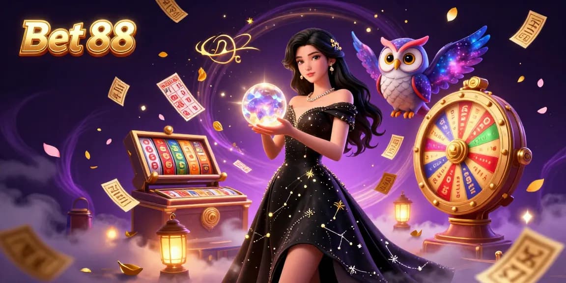 Win big at Bet 88 with a mystical scene of vibrant gaming elements and enchanting characters.