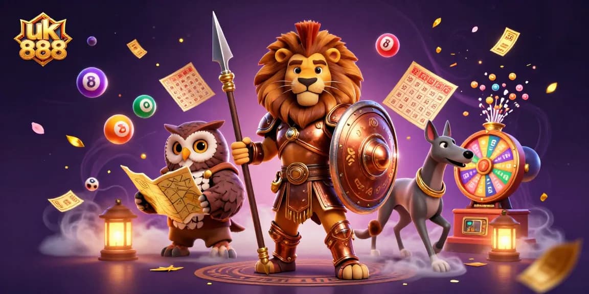 Engage with the dynamic gaming scene at uk888 featuring a Spartan lion, owl strategist, and golden elements.
