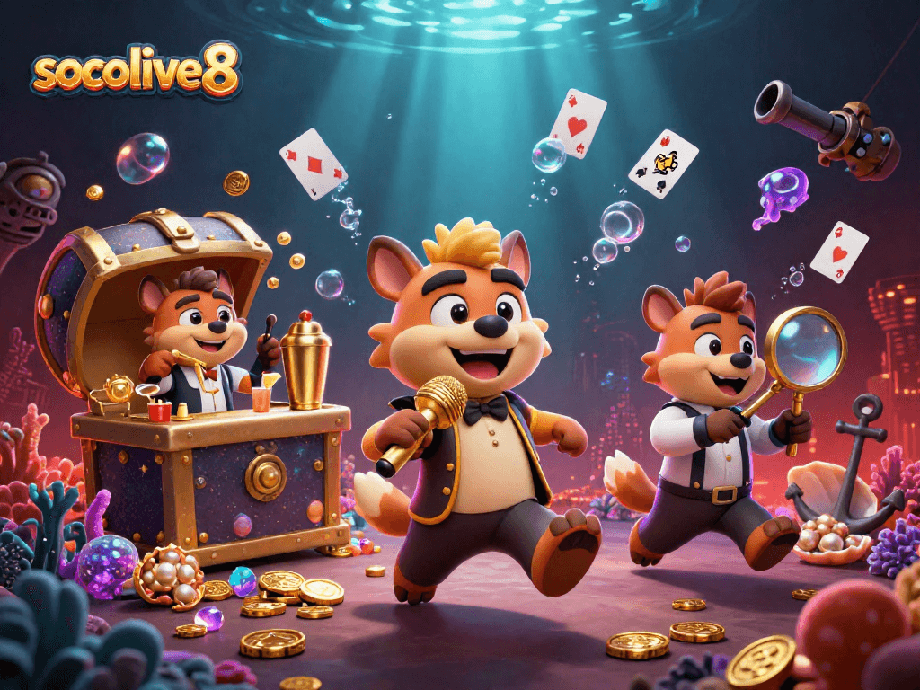 Socolive8 hyenas in a vibrant comedy casino club with gold coins and glowing elements