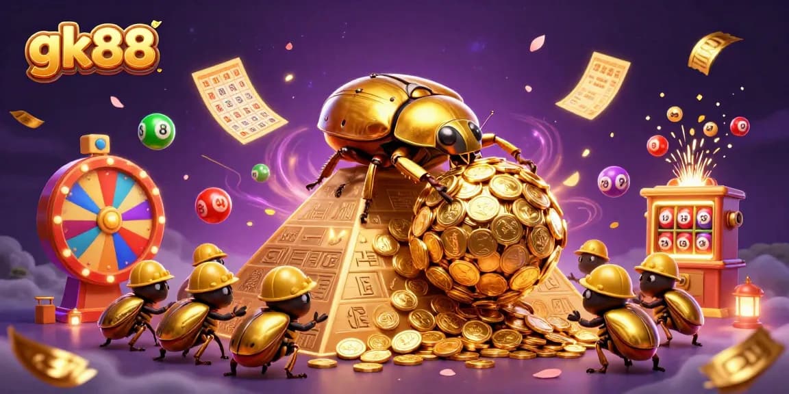 Engage with gk88's thrilling gaming atmosphere featuring a golden beetle rolling coins amidst vibrant lottery elements.