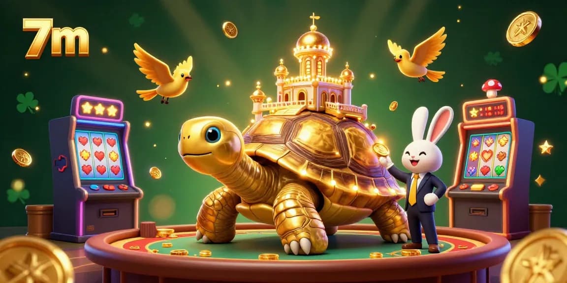 Engage in thrilling poker action with 7m's vibrant casino scene featuring golden tortoise and rabbit dealer.