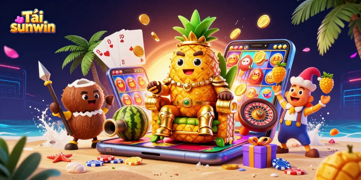 Tải sunwin features an exciting casino scene with a golden pineapple king and colorful gaming elements.