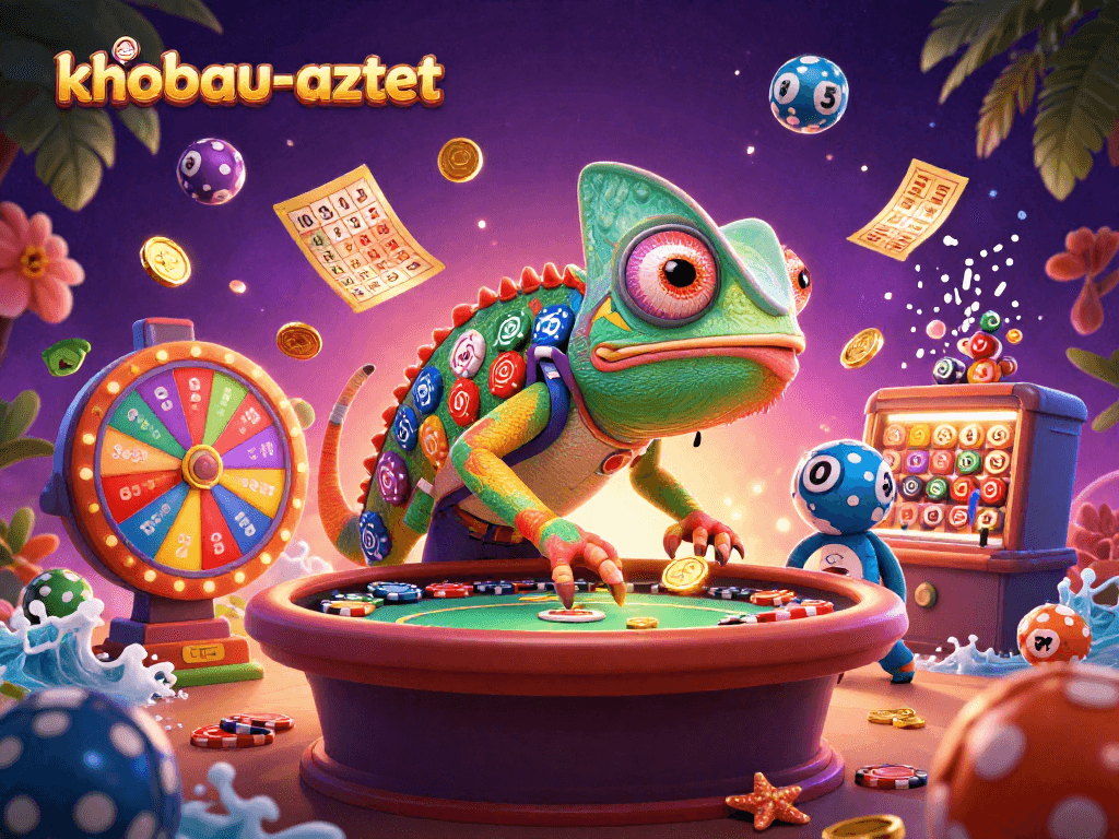 Experience khobau-aztec's vibrant casino scene with a colorful chameleon and dynamic lottery elements.