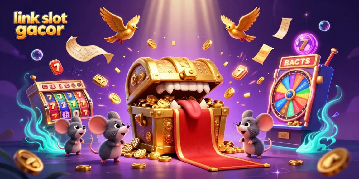 Attract players with exciting link slot gacor illustrations featuring lively slots and cheering mice in a dynamic scene.