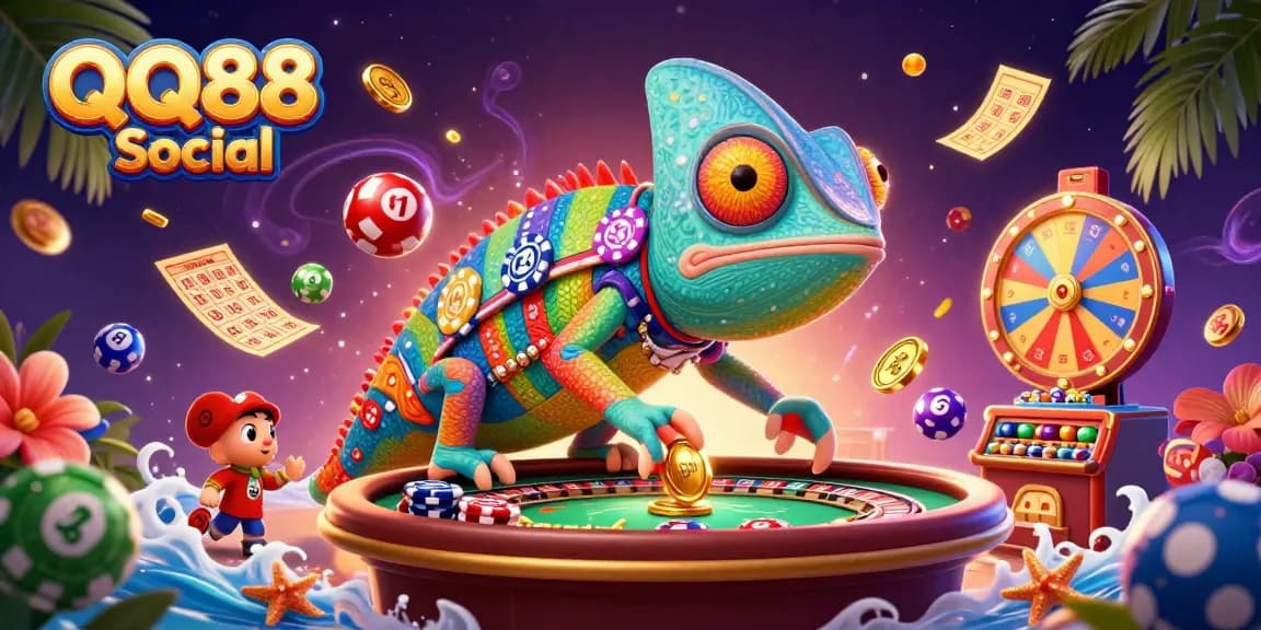 Engage with QQ88 Social's vibrant casino scene filled with cartoon characters, thrilling elements, and excitement.