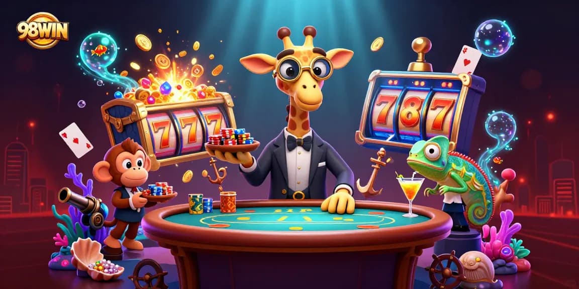 Experience 98WIN’s thrilling gameplay with slot reels, golden cocktails, and high-stakes action.