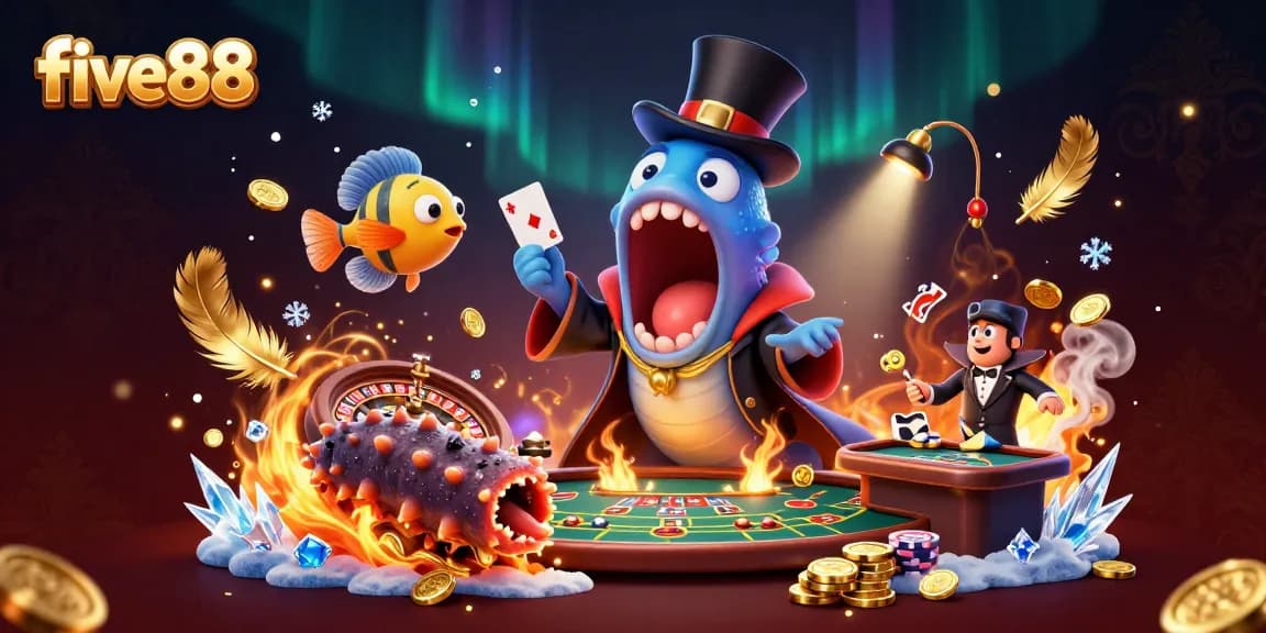 Experience thrilling card tricks with the five88 deep-sea casino characters in this vibrant underwater scene.