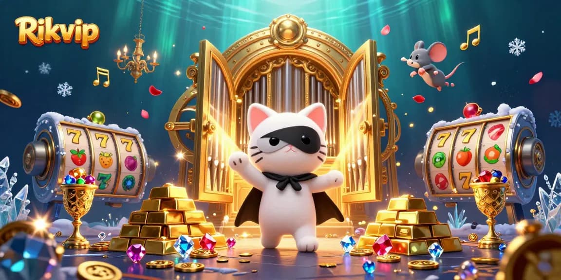 Win with Rikvip's captivating scene of a casino alight with treasures and games.