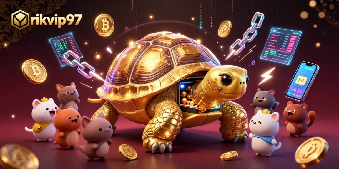 Engage with rikvip97 while enjoying an exciting pinball game featuring a colossal tortoise and vibrant crypto elements.