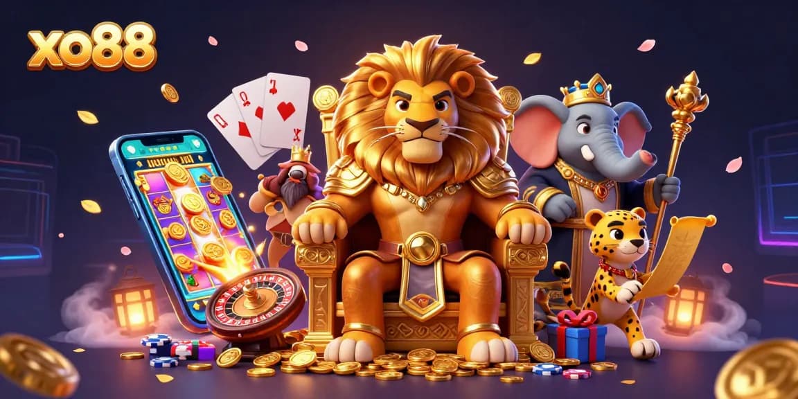 Engage with xo88's thrilling casino experience featuring a majestic lion king, a wise elephant, and a racing cheetah.