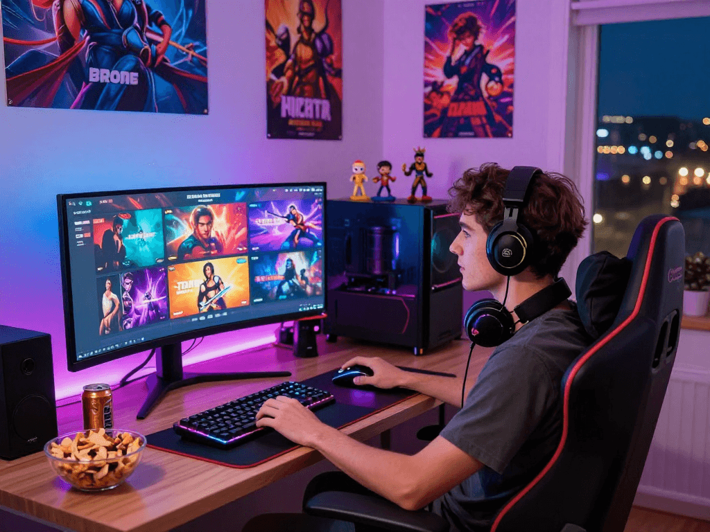 Porn games gaming setup with colorful graphics, snacks, and energetic atmosphere.
