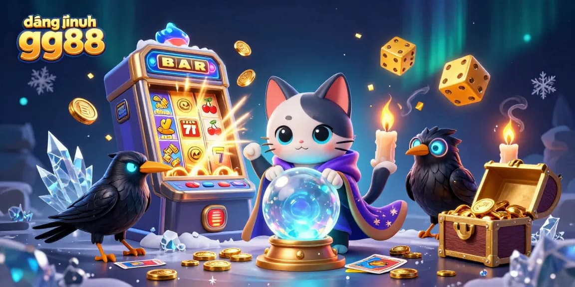 Engage in exciting play at đăng nhập gg88 with a mystic cat, tarot raven, and vibrant casino elements.