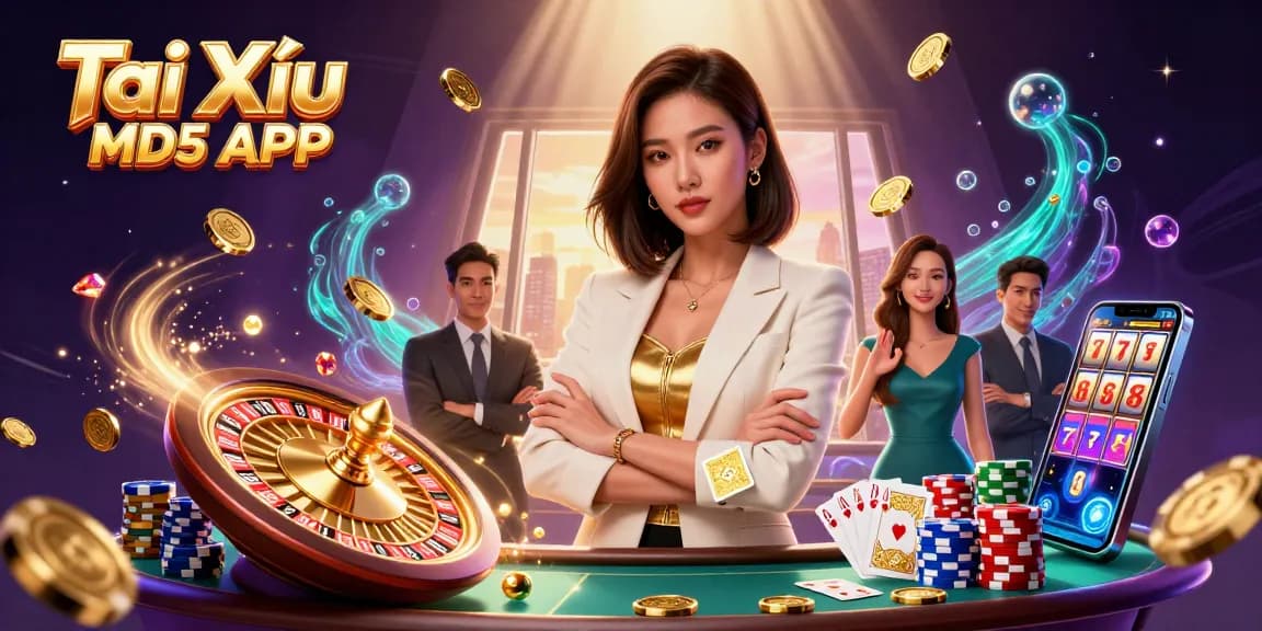 Tài Xỉu MD5 APP showcases an elegant Asian woman holding cards in a vibrant 3D casino scene full of action and energy.