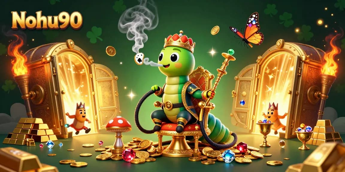 Nohu90 showcases a vibrant 3D casino scene with unique characters and gold treasures.