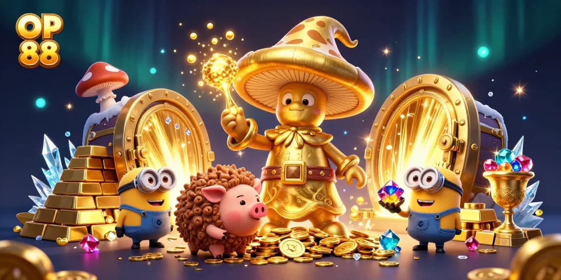 Engage with OP 88's golden treasures and magical scenes of fortune in a vibrant casino setting.