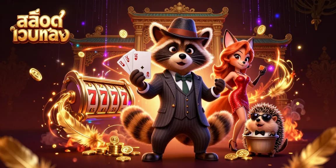 Experience thrilling สล็อตเว็บตรง action with a suave raccoon holding a royal flush in a vibrant 3D casino scene.