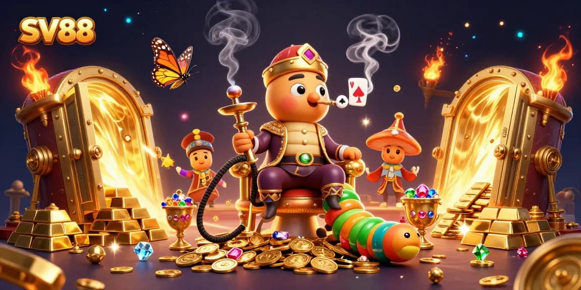 SV88 illustration showcasing a massive caterpillar hookah-master amidst dazzling casino treasures, rich in color.