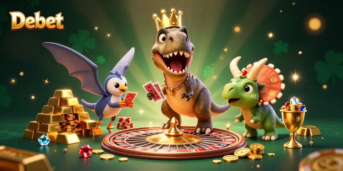 Debet showcases a lively roulette scene with friendly dinosaurs interacting joyfully.