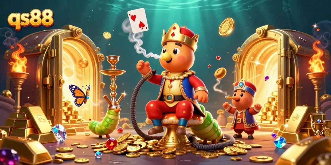 Engage with qs88 as the master caterpillar creates poker hand smoke rings in a casino treasure scene.