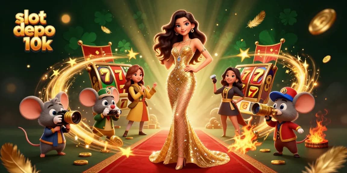 Win big with slot depo 10k as a glamorous woman poses on a red carpet with slot elements.