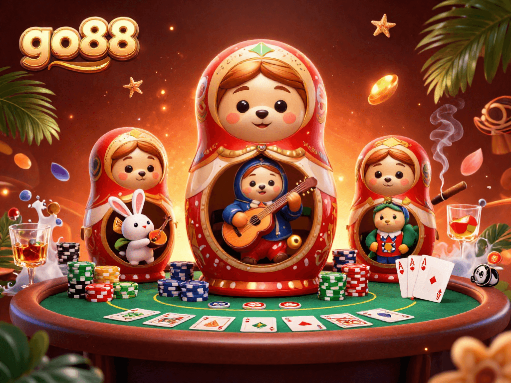Go88 showcases a vibrant 3D casino scene featuring cartoon bears and festive elements.