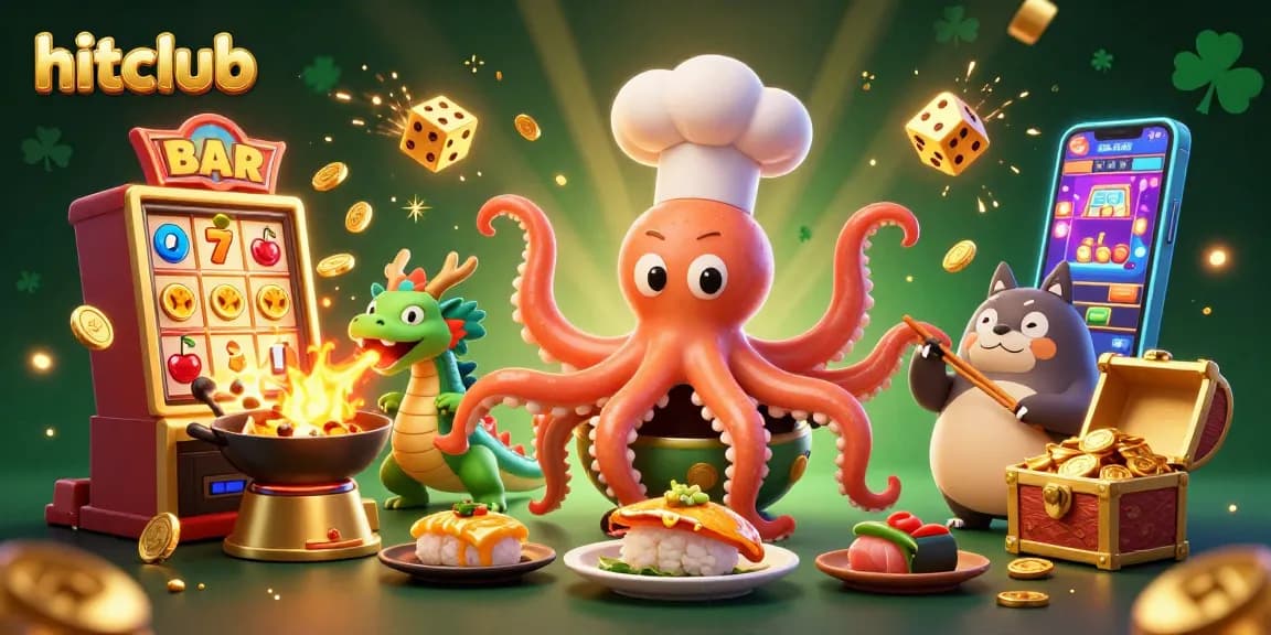 Play slot games at hitclub with thrilling characters and casino elements in a vibrant 3D illustration.