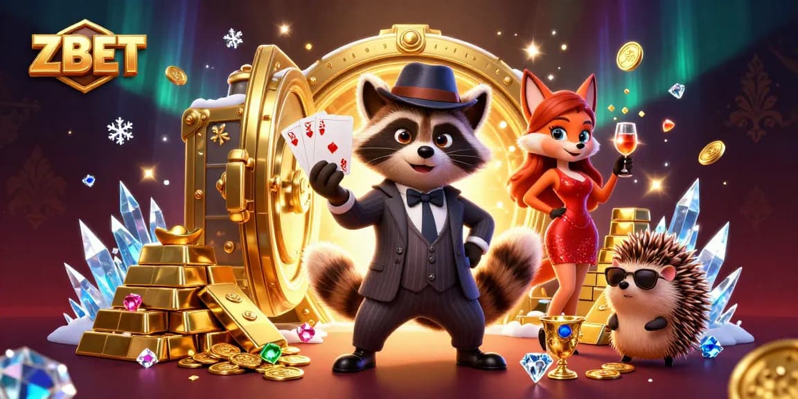 ZBET players celebrating a royal flush win amid dazzling casino treasures and vibrant animations.