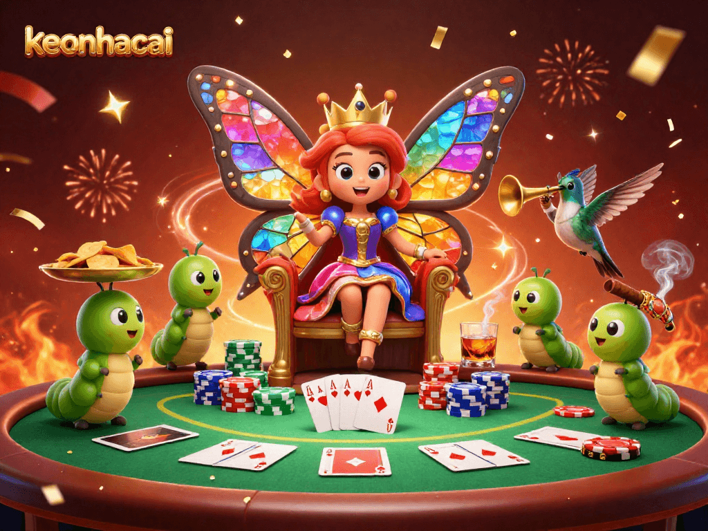 Experience the thrill of keonhacai with a vibrant 3D illustration of a dazzling casino scene featuring poker elements.