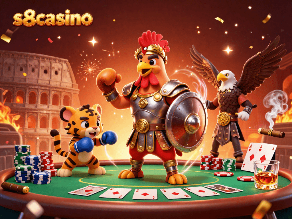 Experience thrilling moments at s8casino with a vibrant 3D scene featuring gaming and festive elements.