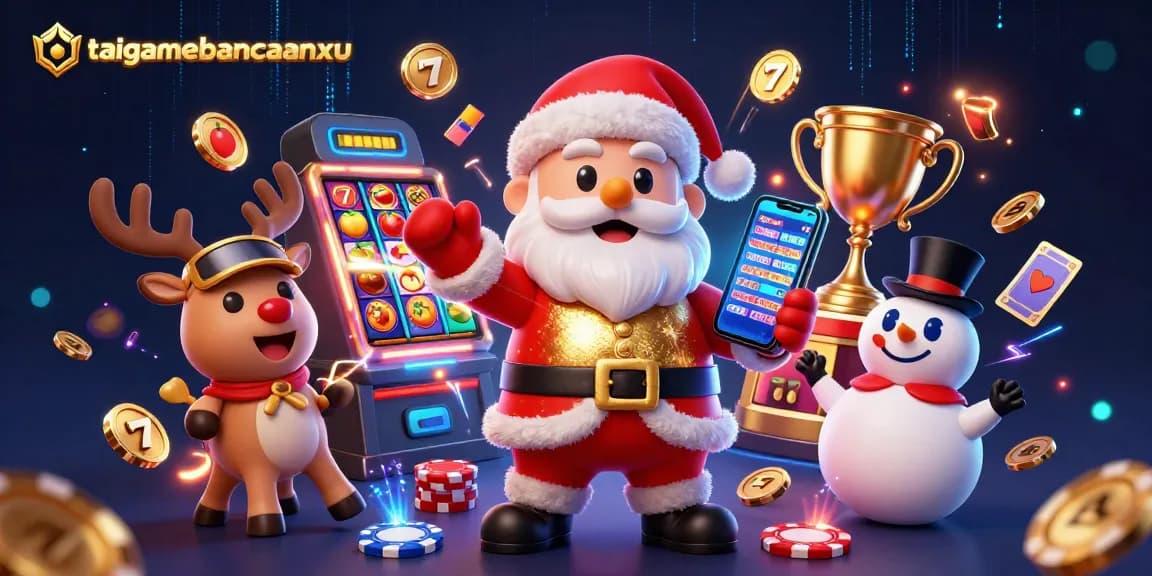 Experience taigamebancaanxu with Santa by jackpot slots and festive characters in a lively casino.