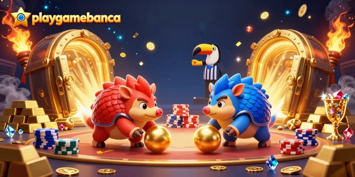 playgamebanca features two rival pangolins bowling through poker chips in a dynamic casino scene.