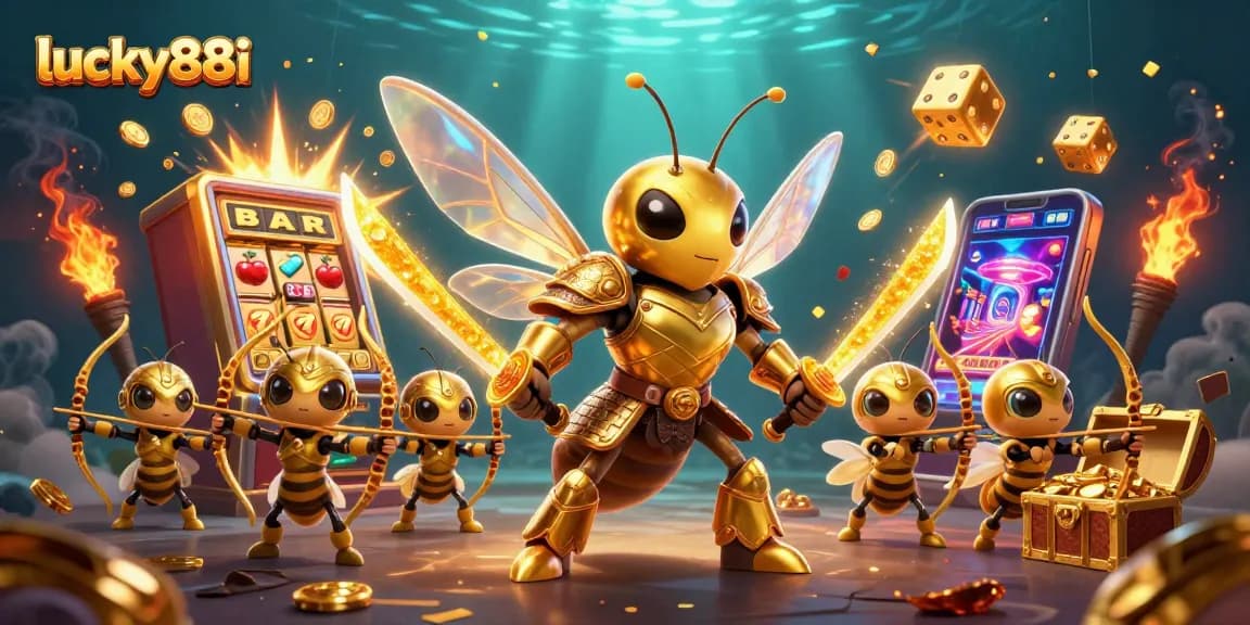 Experience exhilarating wins on lucky88i with a golden hornet samurai surrounded by vibrant casino elements.