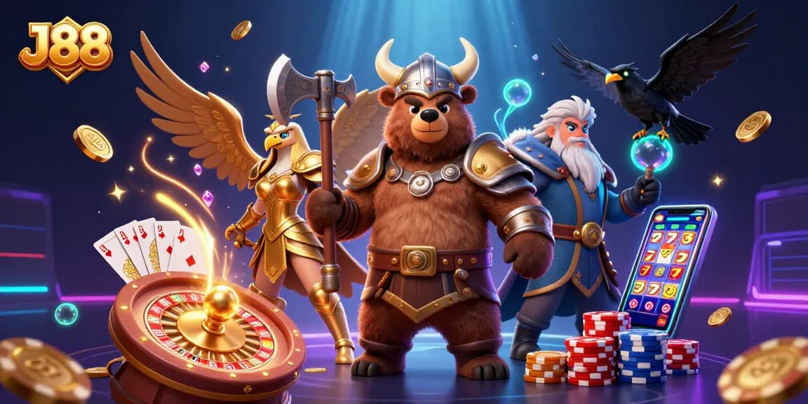 Experience thrilling gaming at J88 with a dynamic 3D casino illustration featuring vibrant characters and action.