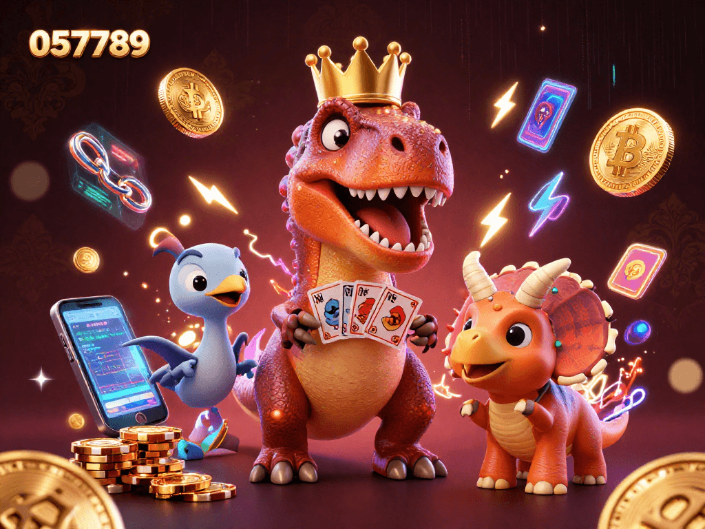 Experience the thrill of 057789 with vibrant gaming characters amidst 3D crypto elements in a dynamic setting.